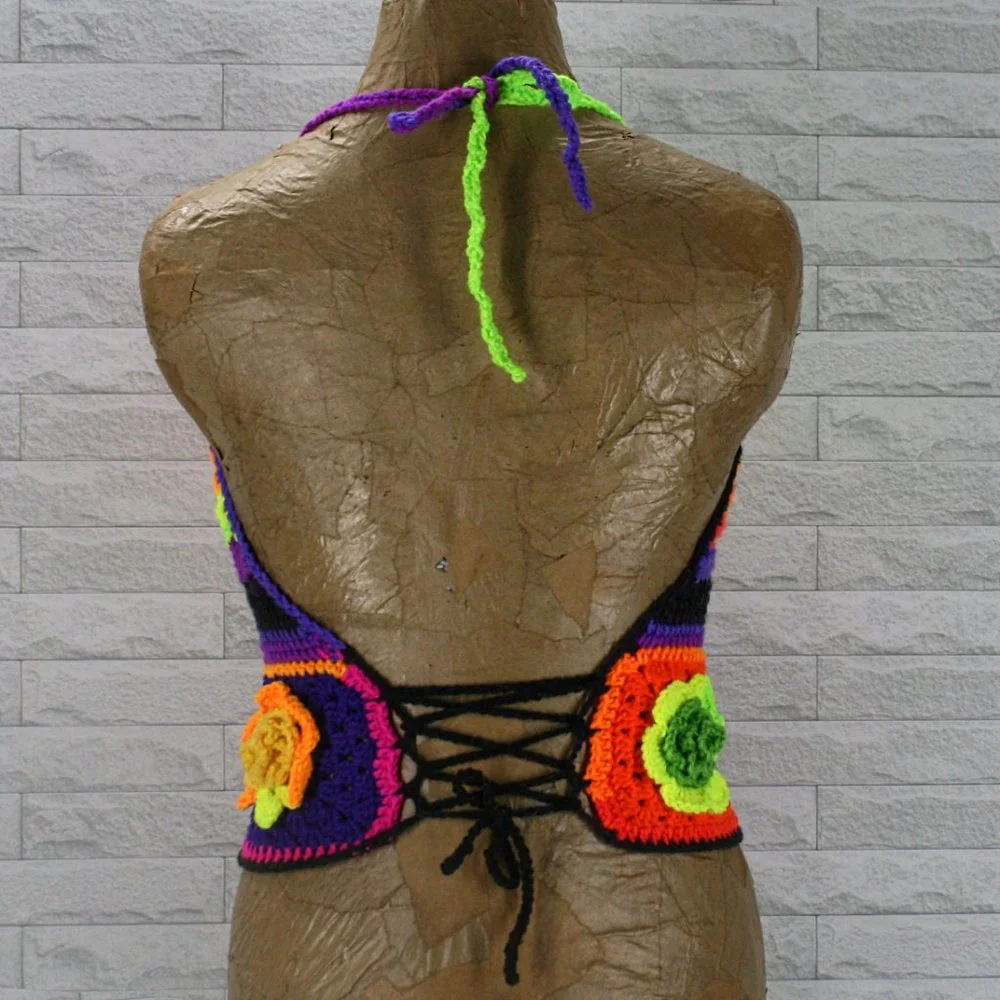 HAND CRAFTED Cropped Top Crochet Halter Granny Square Floral Festival Fashion - Picture 6 of 11